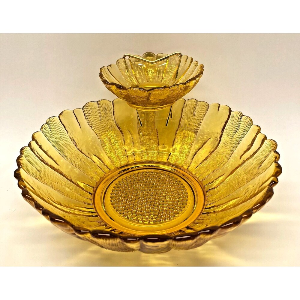 Vintage Indiana Glass Sunflower Honey Gold Amber Chip & Dip Set 3 Pc MCM